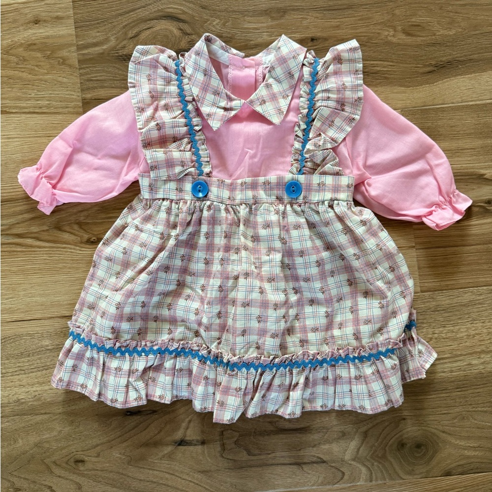 70s Style Vintage Pink Plaid Kids Dress with Ruffle Details